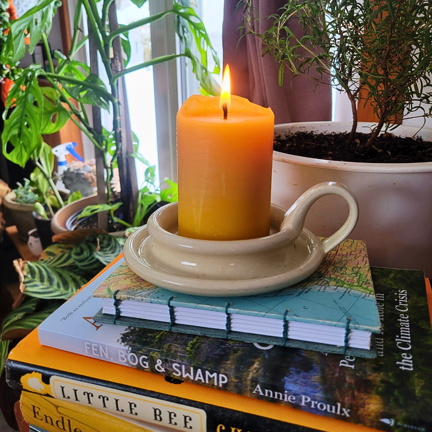 Dipped Beeswax Pillar Candle lit and sitting on a white candle plate, on top of a stack of books with houseplants in the background.