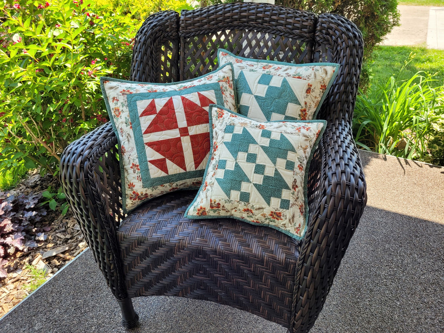 Quilted Patchwork Pillow in Red & Teal, 16 inch Pillow Cover