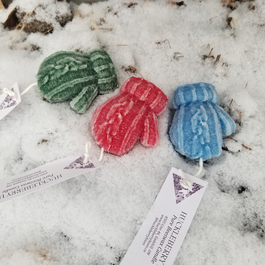 pure beeswax mitten candles, green, red, and blue; baby gift, new & expectant parent gift
