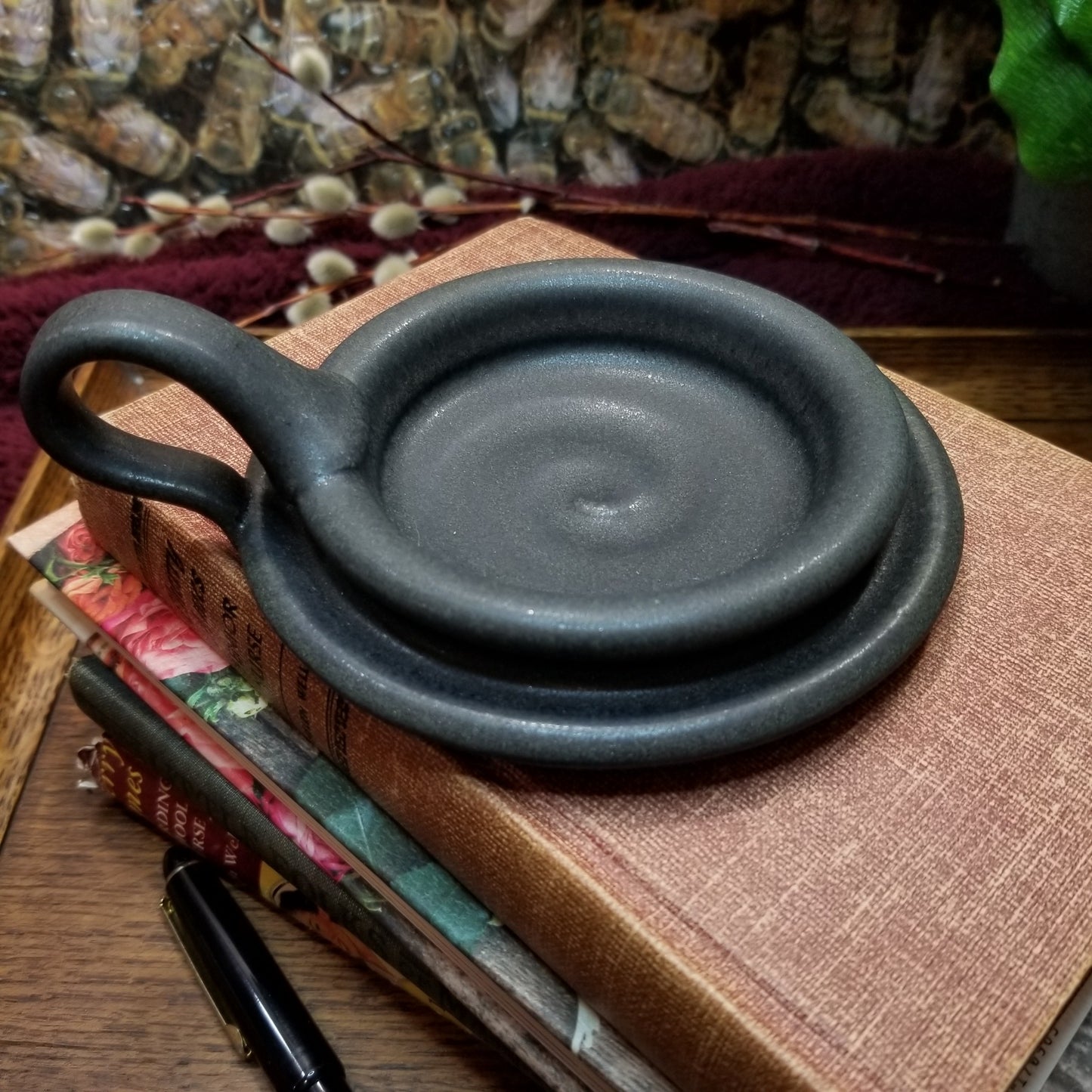 matte black pottery pillar candle holder