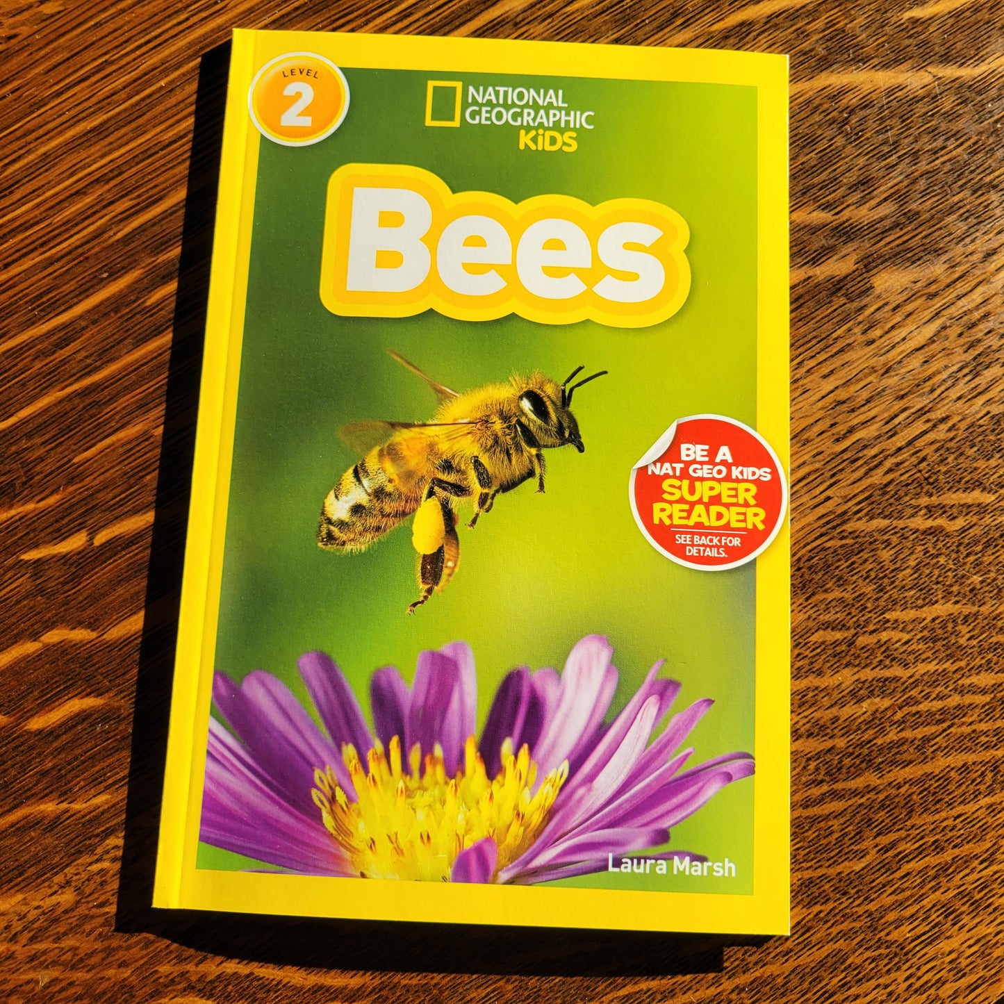 Book titled 'Bees' by National Geographic Kids on a wooden surface