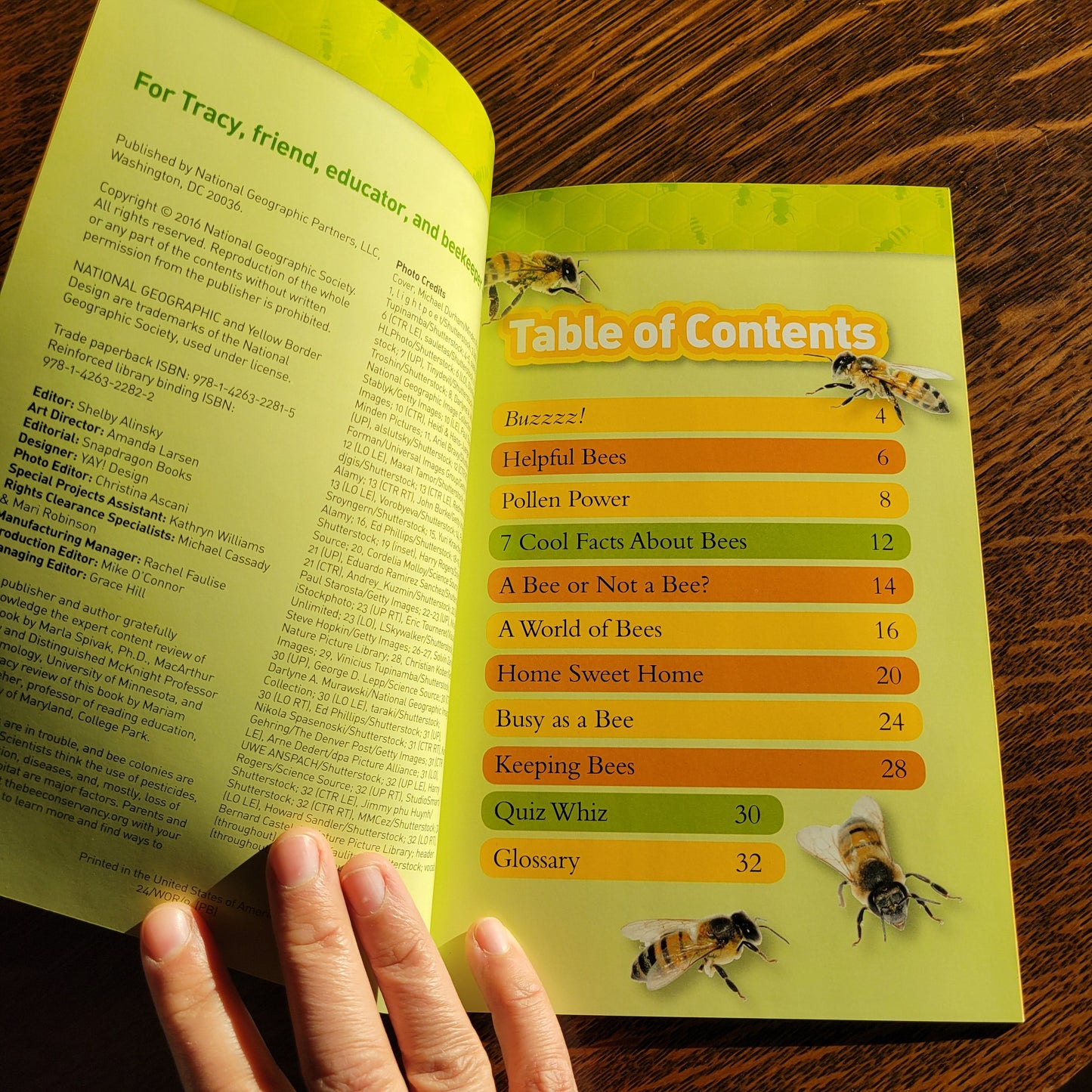 Book with a table of contents featuring illustrations of bees.