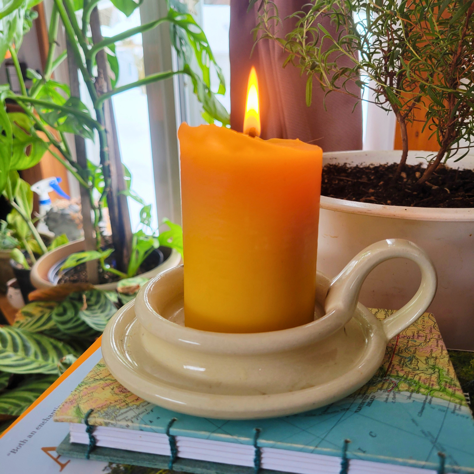 Dipped Beeswax Pillar Candle lit and sitting on a white candle plate, on top of a stack of books with houseplants in the background. 