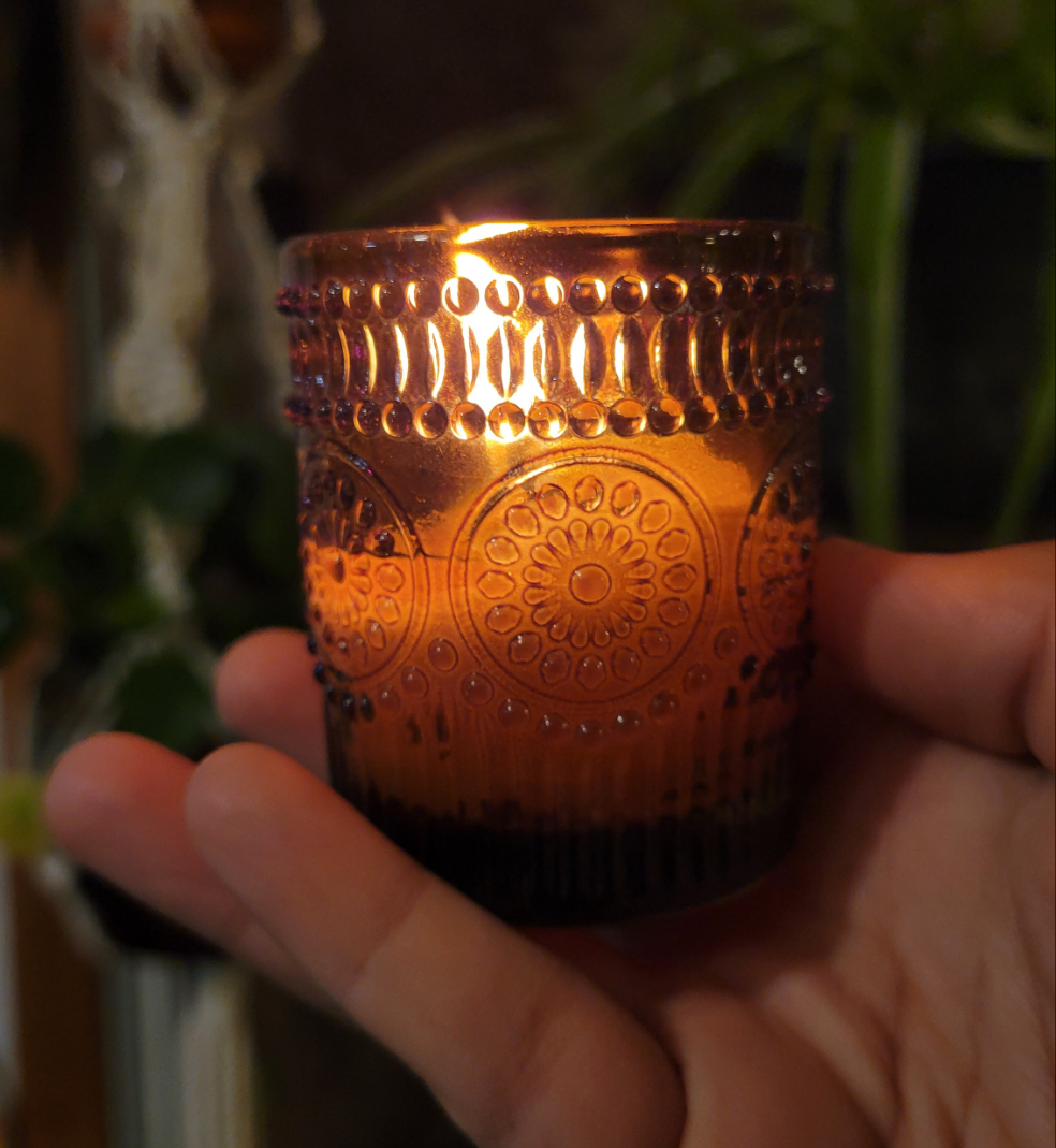 Hand holding amber glass candle with plants hanging in background.