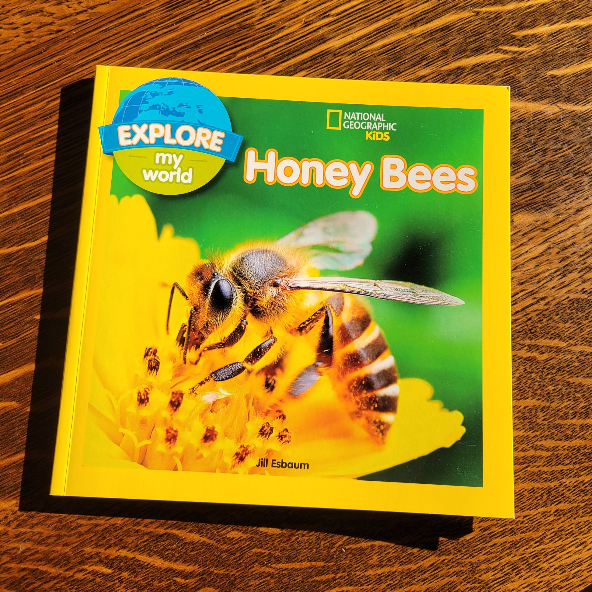Book titled 'Honey Bees' by National Geographic Kids on a wooden surface