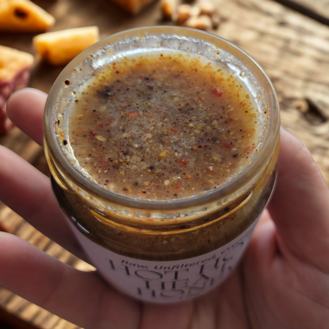 Hot Hot Heat honey with lid off the jar