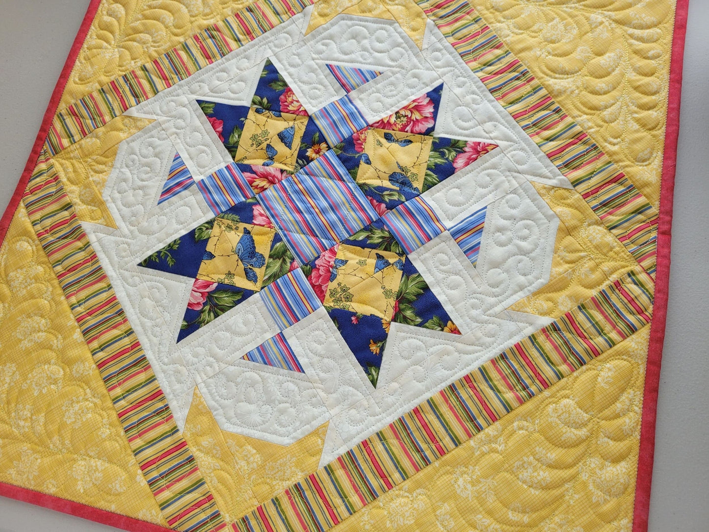 Yellow Floral Butterfly Star Quilt