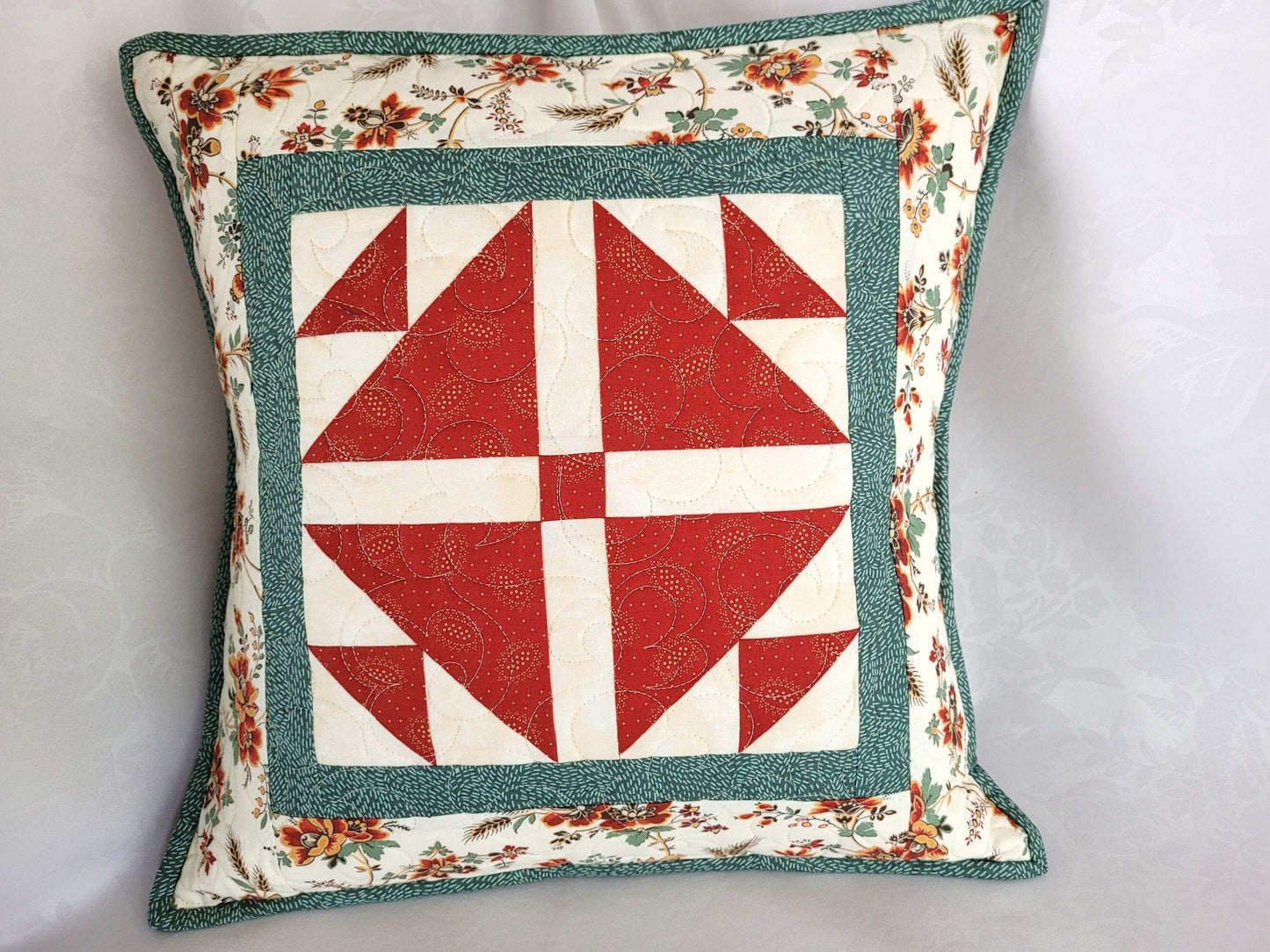 Quilted Patchwork Pillow in Red & Teal, 16 inch Pillow Cover