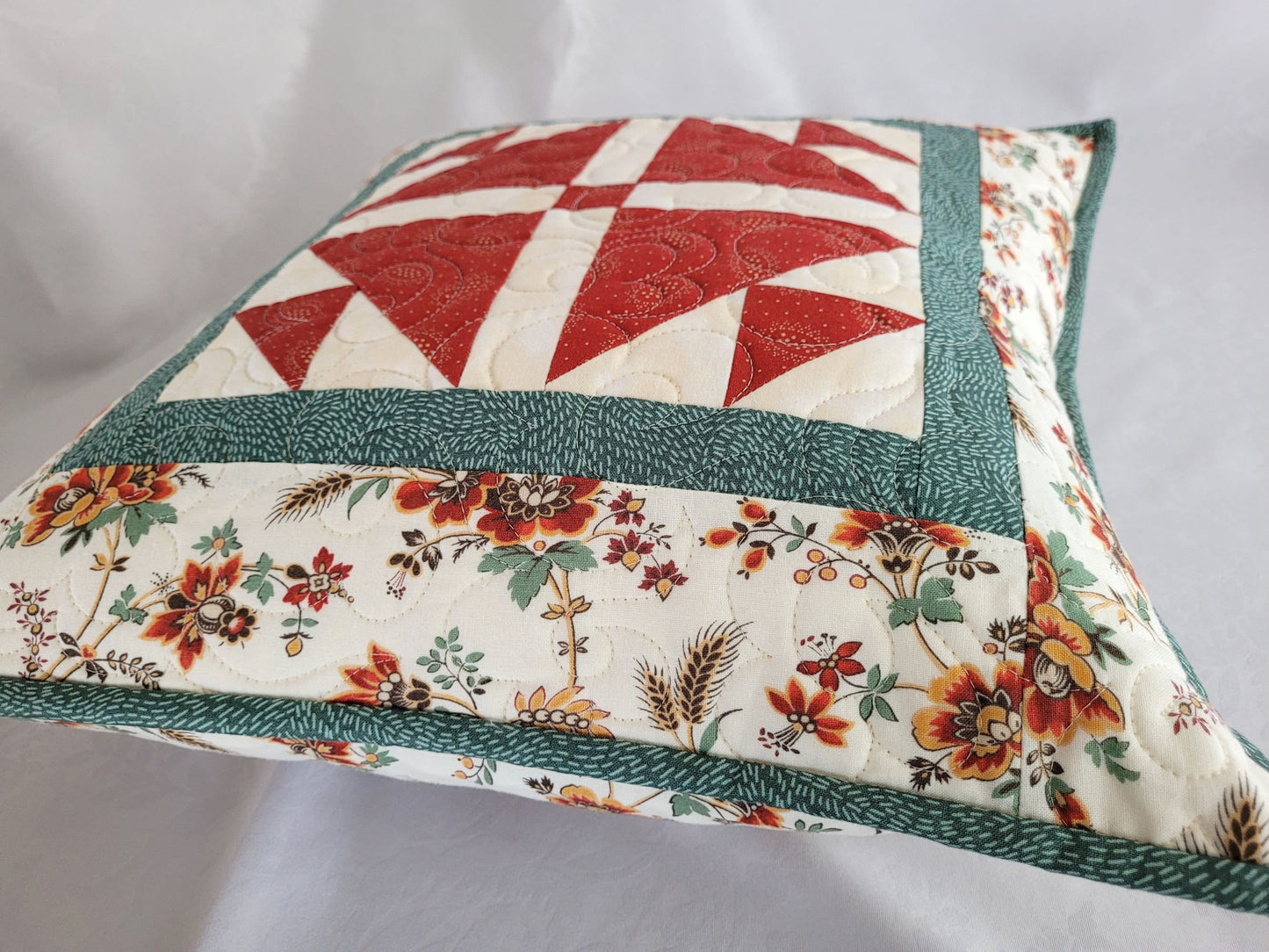 Quilted Patchwork Pillow in Red & Teal, 16 inch Pillow Cover