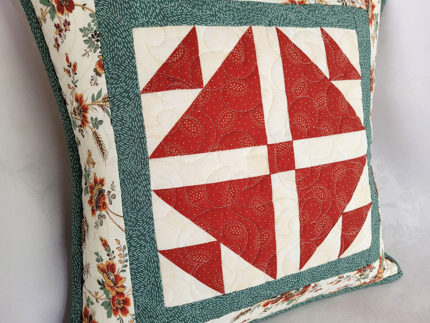 Quilted Patchwork Pillow in Red & Teal, 16 inch Pillow Cover