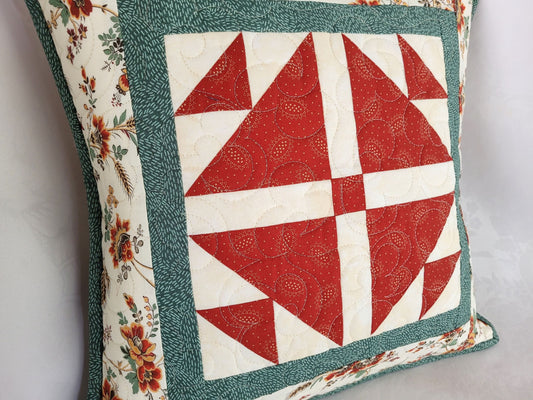 Quilted Patchwork Pillow in Red & Teal, 16 inch Pillow Cover