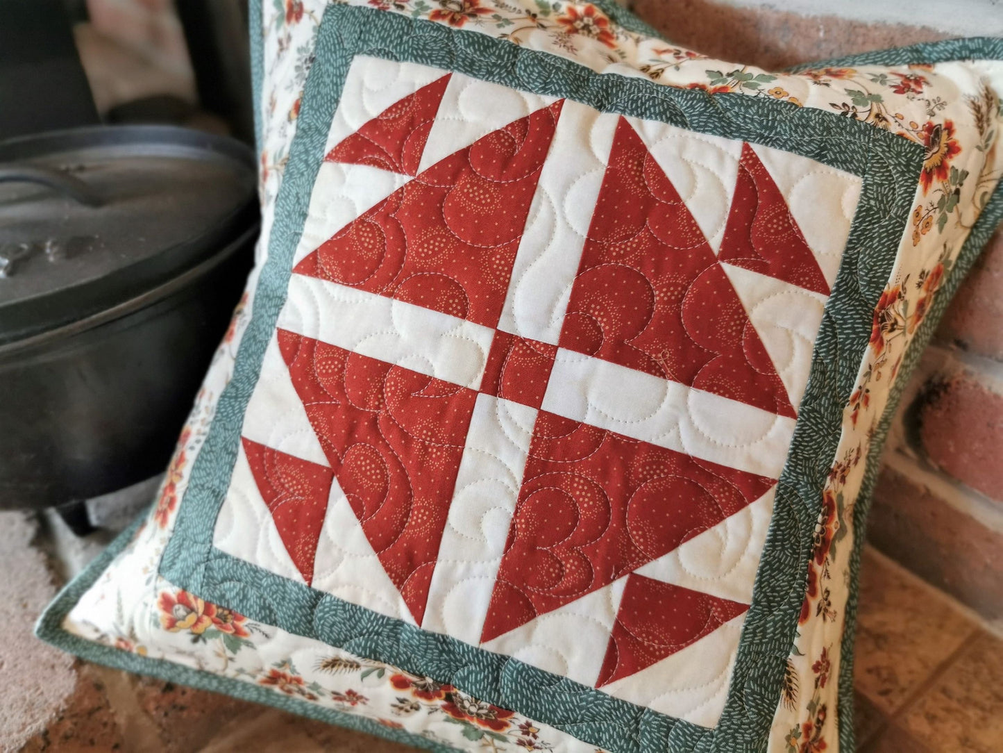 Quilted Patchwork Pillow in Red & Teal, 16 inch Pillow Cover