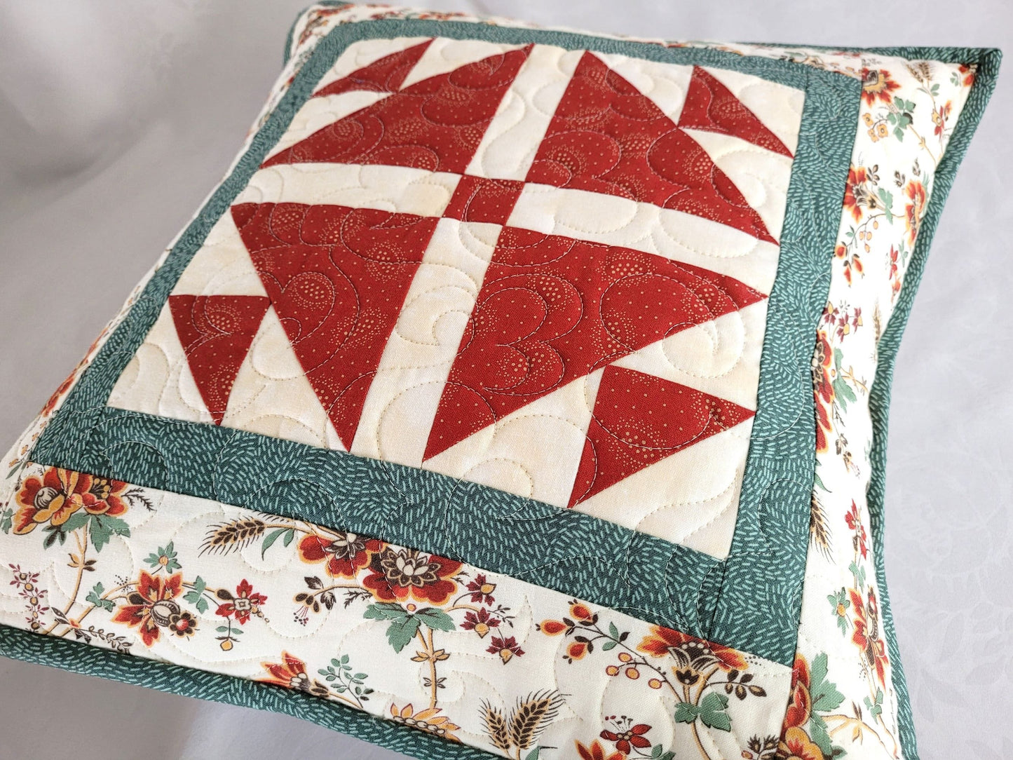 Quilted Patchwork Pillow in Red & Teal, 16 inch Pillow Cover