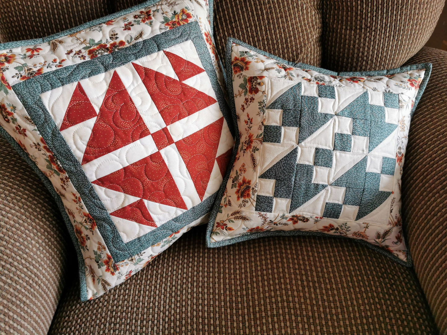 Quilted Patchwork Pillow in Red & Teal, 16 inch Pillow Cover