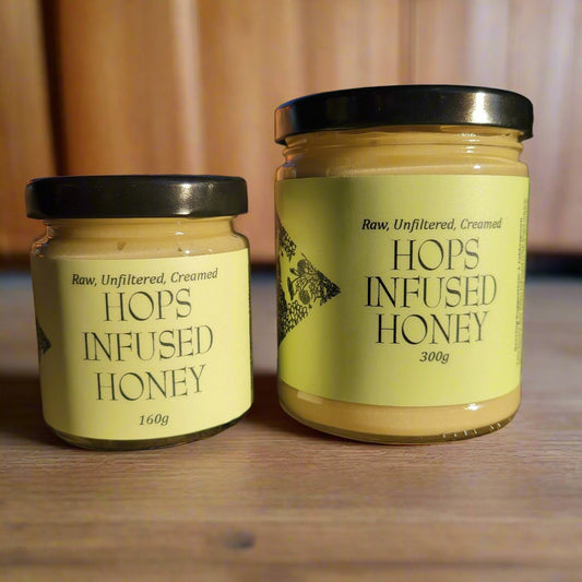 hops infused honey, 160g and 300g jars