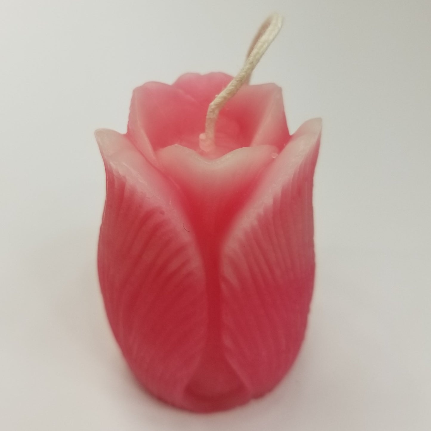 Pink tulip candles with white tips.