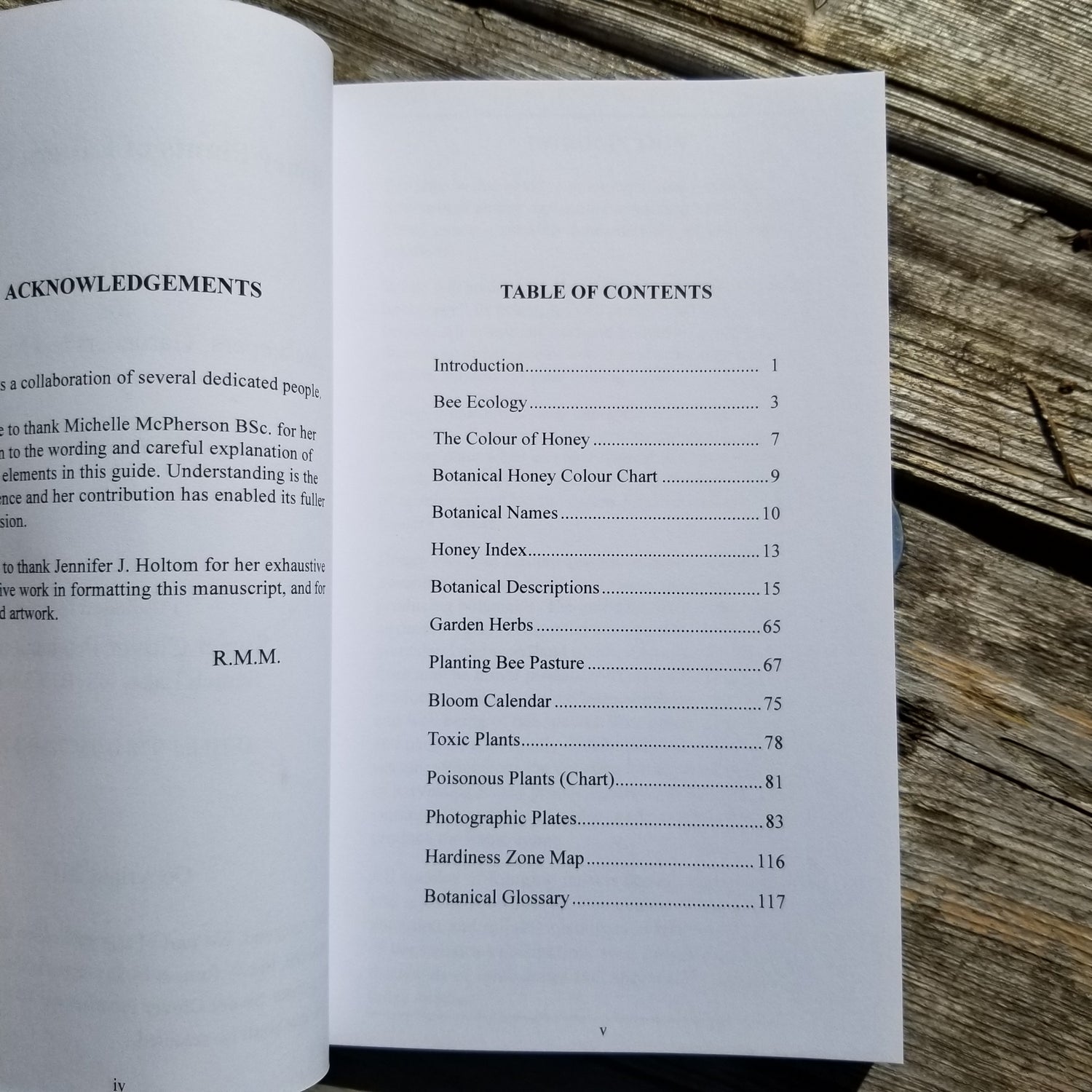 Honey Plants of Eastern Canada, book, table of contents