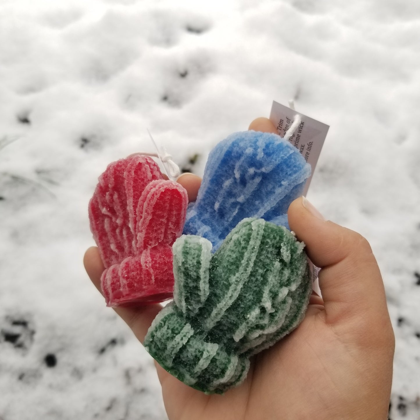 red, green and blue beeswax mitten candles, baby gift, expecting mother gift