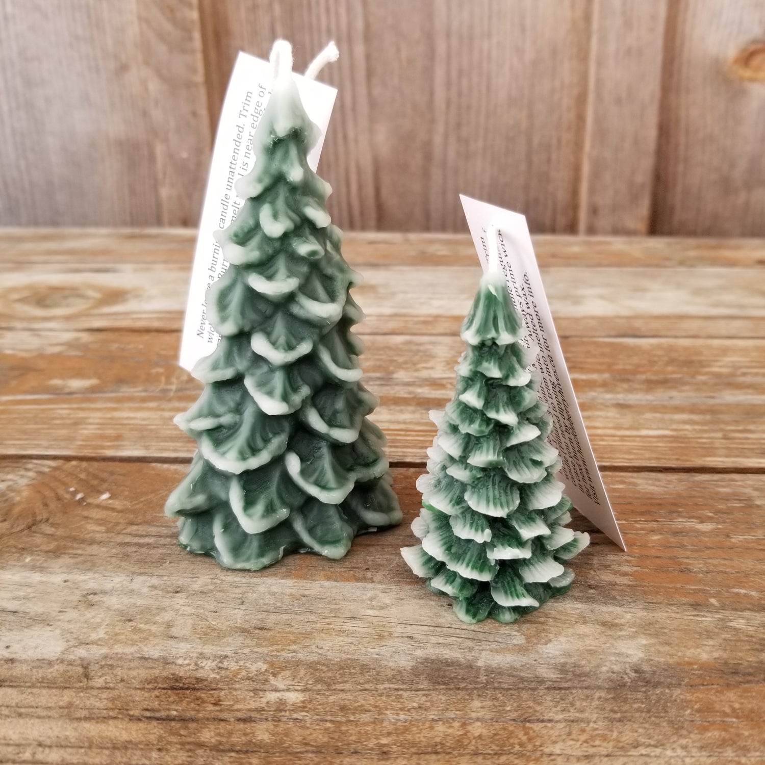 Beeswax fir tree candles; one large, one small, green and white, holiday decor 
