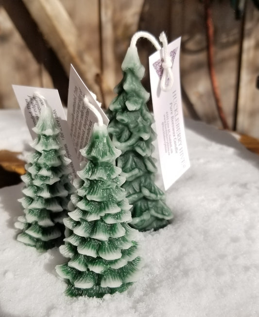Beeswax candle fir tree in green with snowy white frost accent, christmas decor