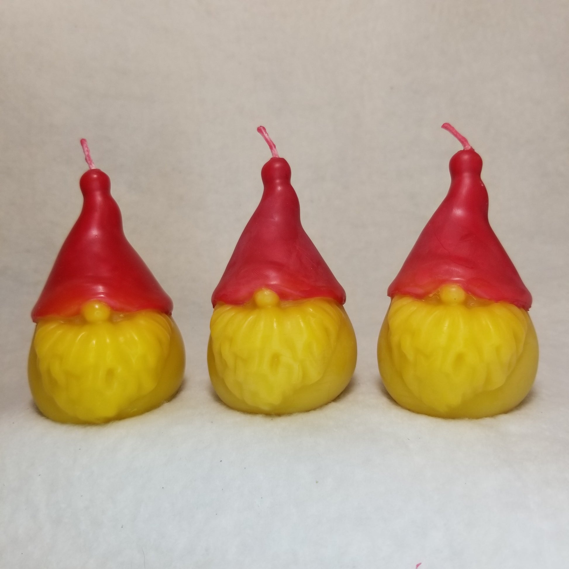 3 small gnome candles with red hats, pure beeswax, gnome decor