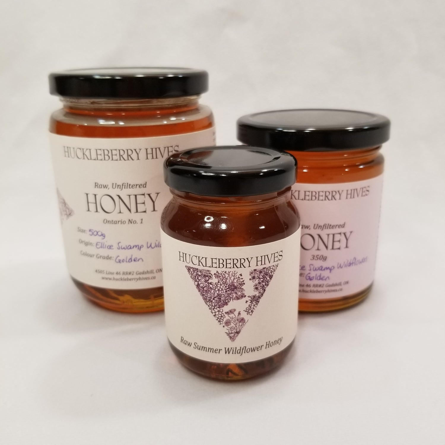 3 sizes of raw wildflower honey jars; 500g, 350g and 150g