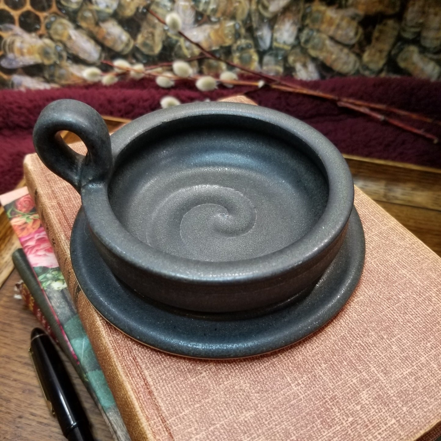 matte black pottery pillar candle plate with handle