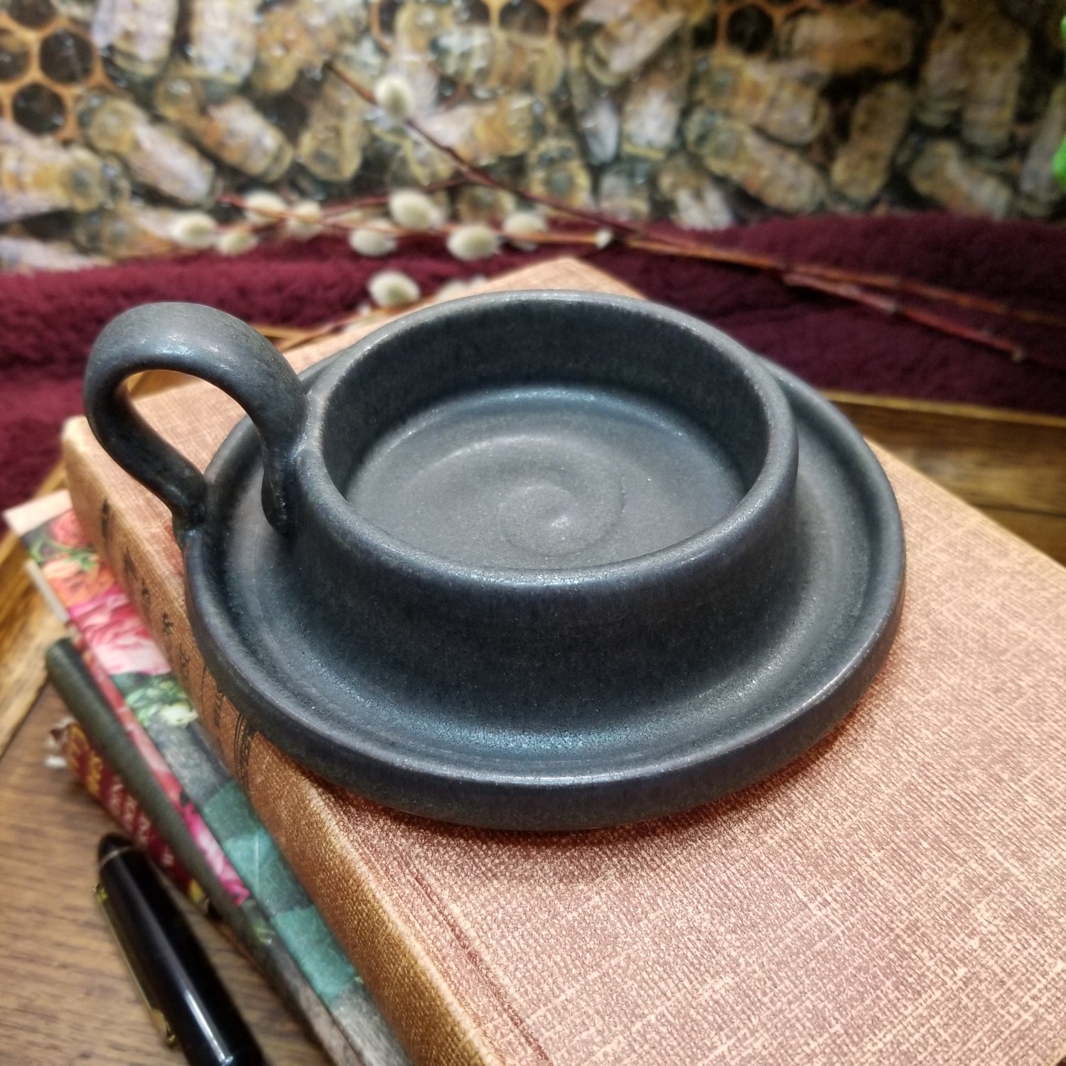 matte black pottery pillar candle plate with handle