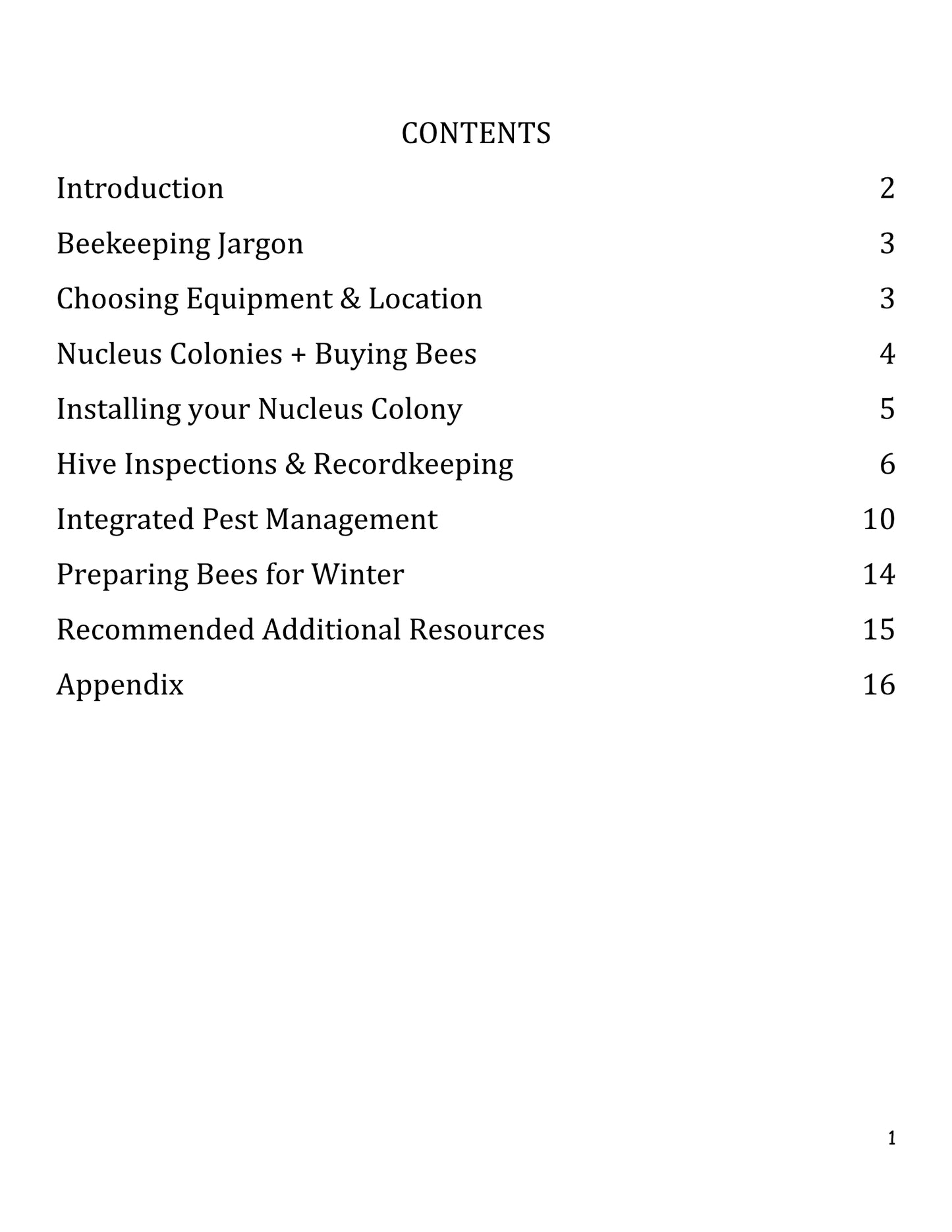 List of Contents in New Beekeeper Guide